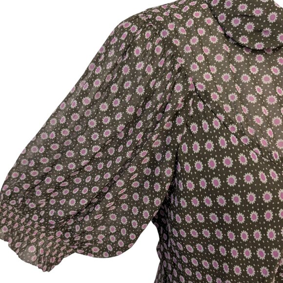 Anthropologie Womens Size 2 Moss Green Pink Floral Mesh Ruched Puff Sleeve Dress - Picture 6 of 12